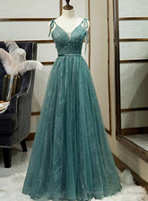 Green Straps V-neckline Floor Length Party Dress, Simple Junior Prom Dresses